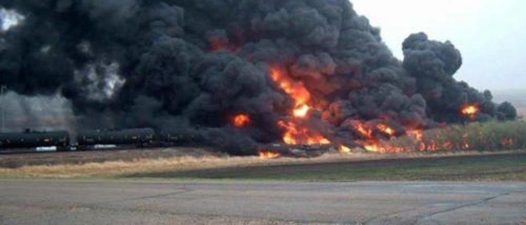 Massive fire after crude oil train derailment in North Dakota.