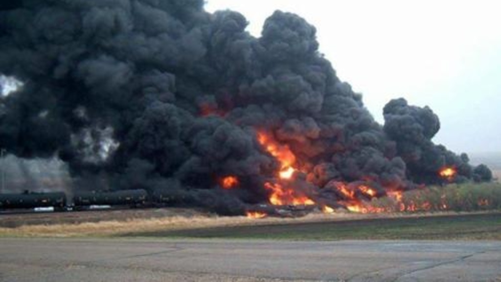 Massive fire after crude oil train derailment in North Dakota. 